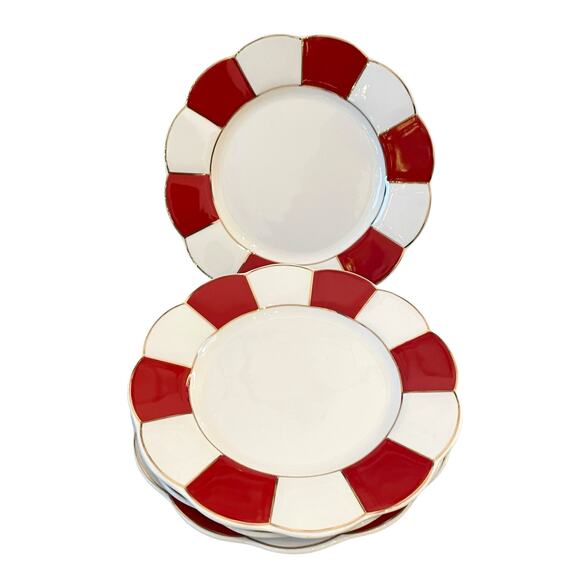 Grace Teaware Porcelain Salad Plate 8in Red & White Stripe Gold Trim Set 4 New - Picture 4 of 16